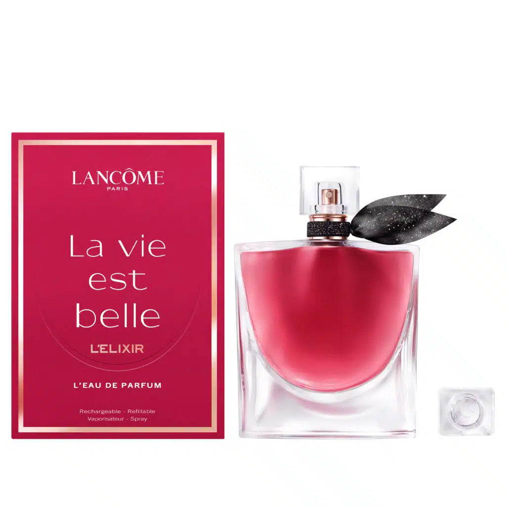 Lancome La Vie Est Belle Elixir perfume bottle and packaging on a white background