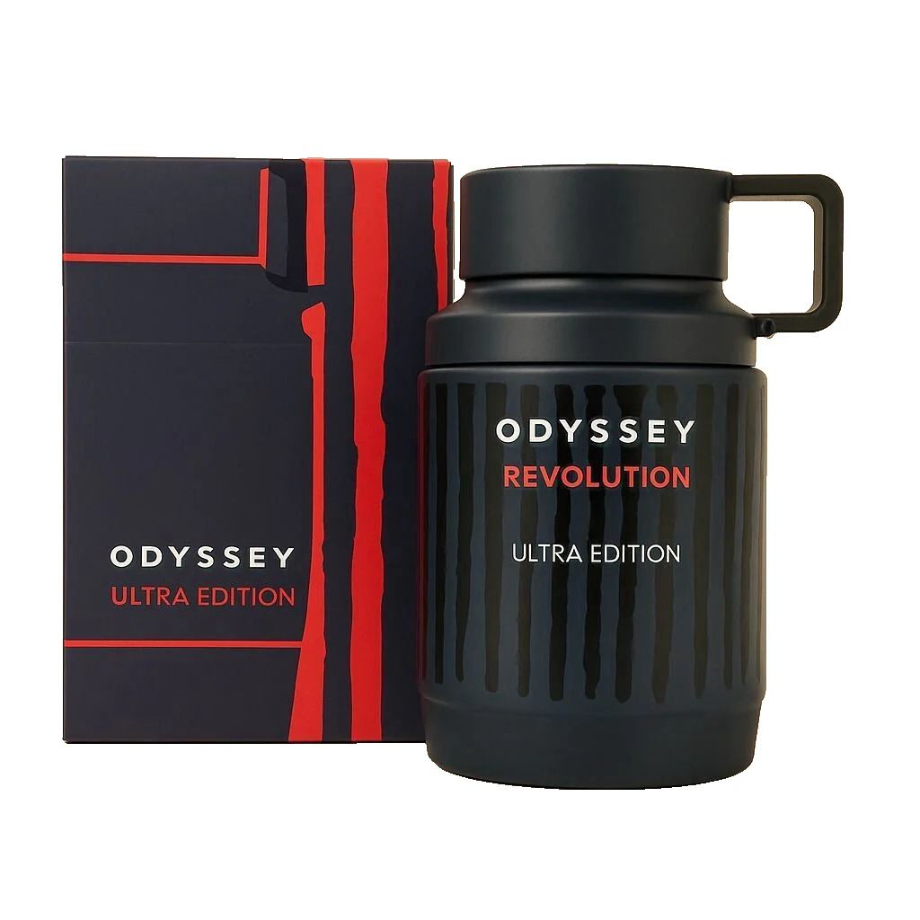 Black thermos with 'Odyssey Revolution Ultra Edition' text next to a matching box on a white background