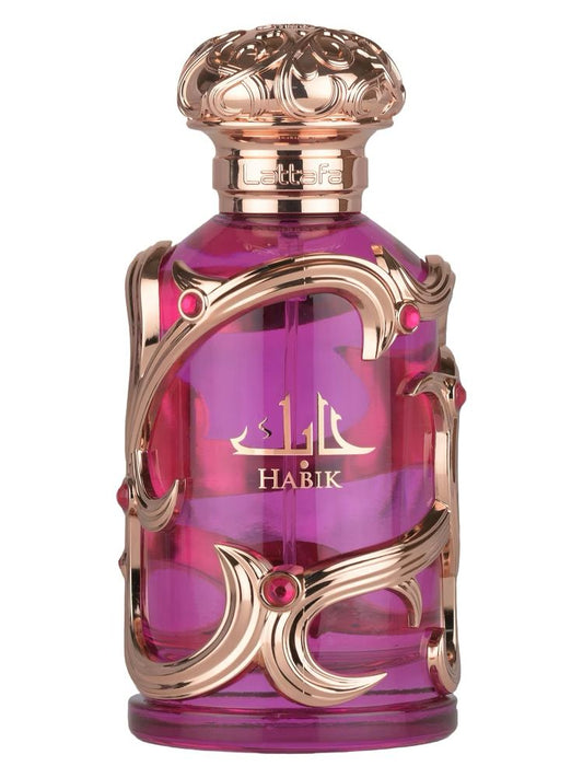Pink perfume bottle with gold accents and 'Habik' branding on a white background