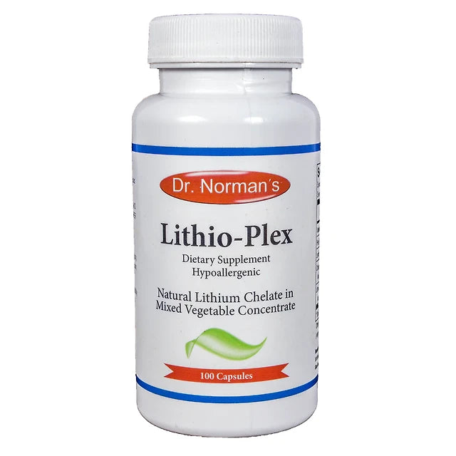 Dr. Norman's Lithio-Plex dietary supplement bottle on a white background