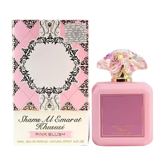 Shams Al Emarat Chususi Pink Blush perfume bottle and packaging on a white background