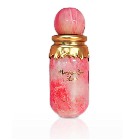 Pink and gold perfume bottle with 'Marshmallow Blush' text on a white background