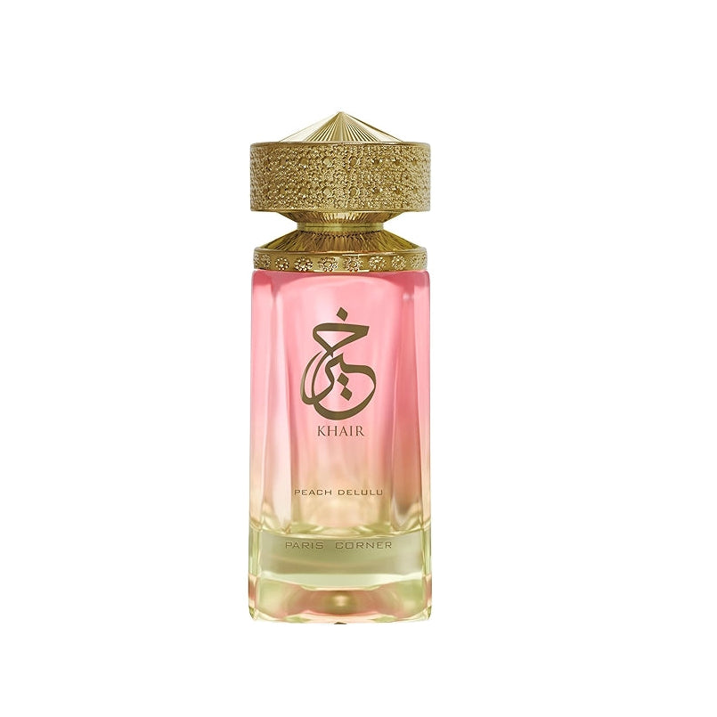 Perfume bottle with pink and gold design on a white background