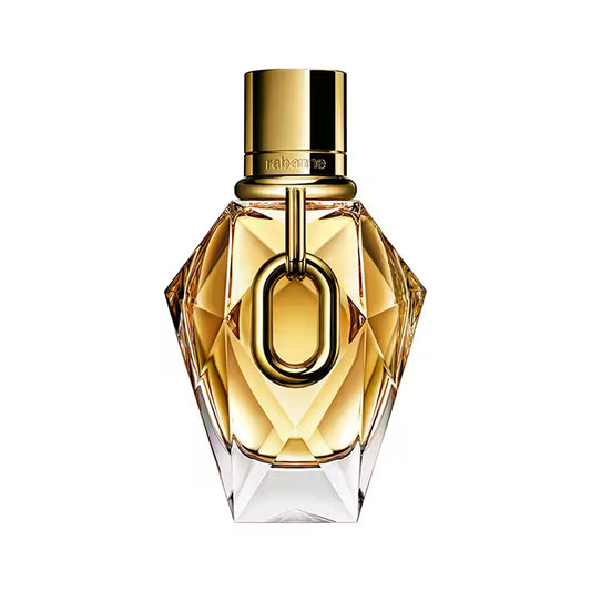 Perfume bottle with gold cap and geometric design on a white background
