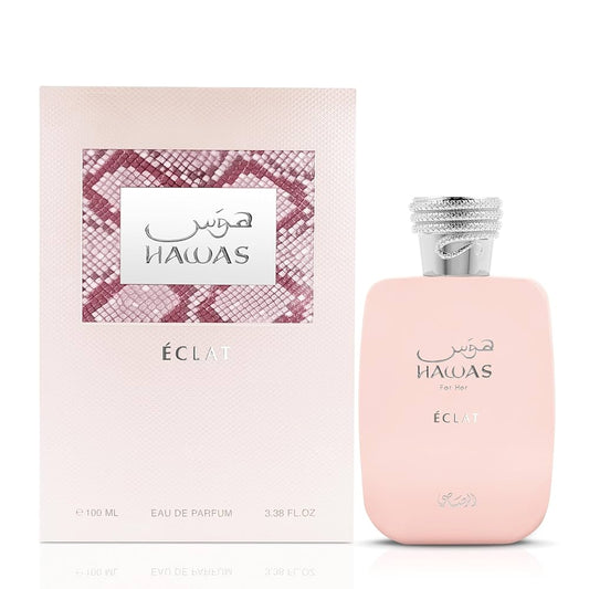 Hawas Eclat perfume bottle and packaging on a white background