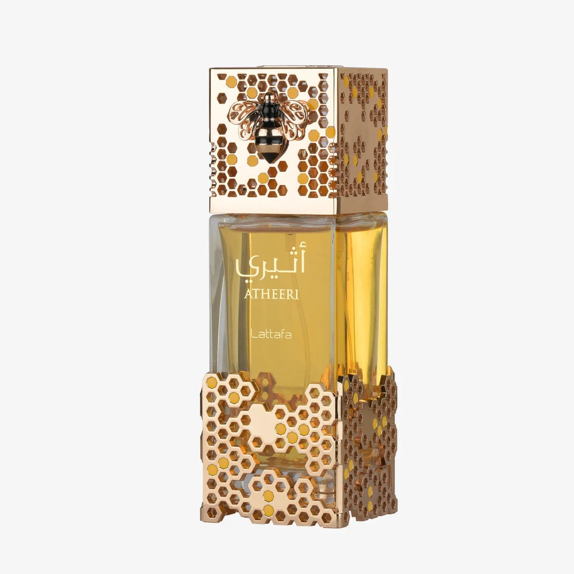 Perfume bottle with honeycomb design on a white background
