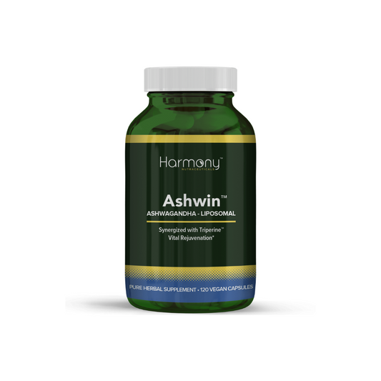 Green supplement bottle labeled 'Harmony Ashwin' on a white background
