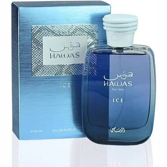 Blue perfume bottle with packaging on a white background