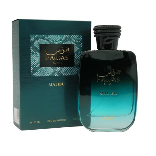Hawas Malibu perfume bottle and packaging on a white background
