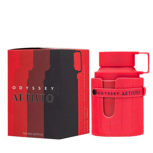 Red Odyssey Artisto perfume bottle and packaging on a white background
