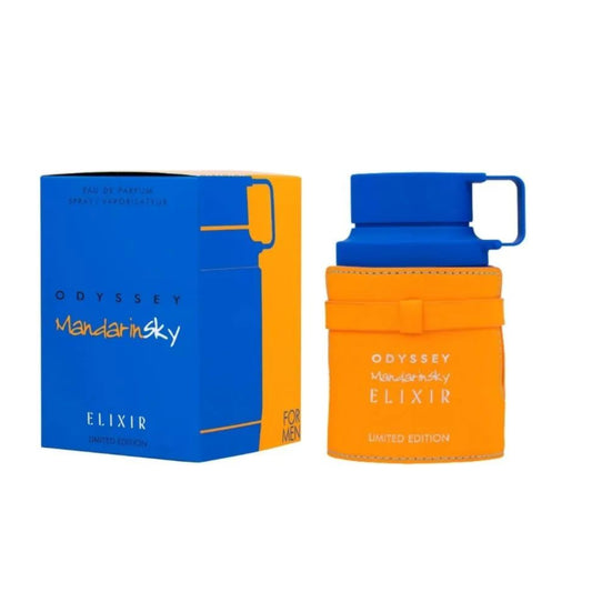 Orange and blue bottle of Odyssey Mandarinsky Elixir with packaging on a white background