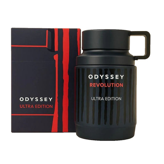 Black thermos with 'Odyssey Revolution Ultra Edition' text next to a matching box on a white background
