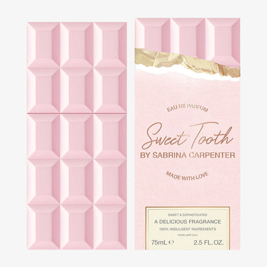 Pink chocolate bar-shaped perfume packaging with 'Sweet Tooth by Sabrina Carpenter' branding.