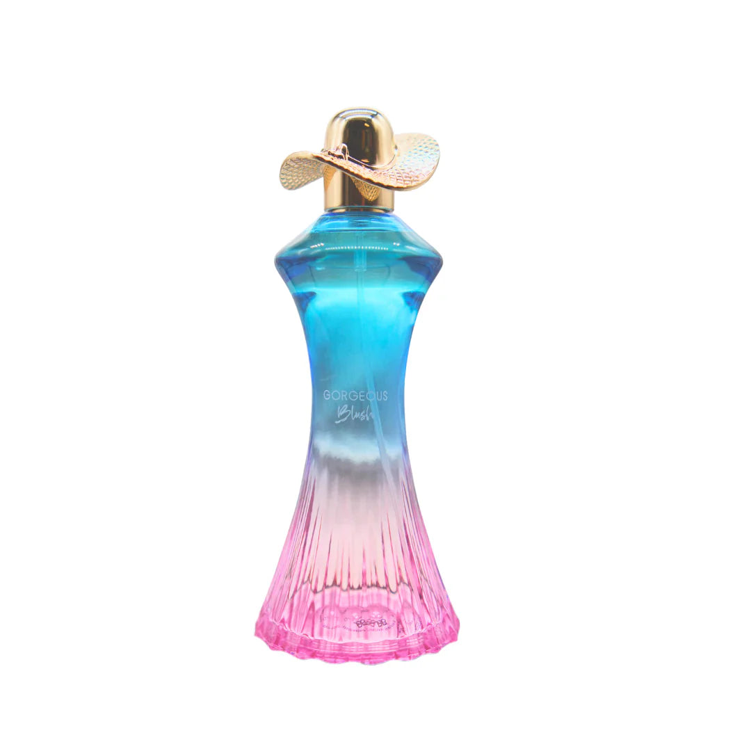 Gradient blue to pink perfume bottle with gold cap on white background