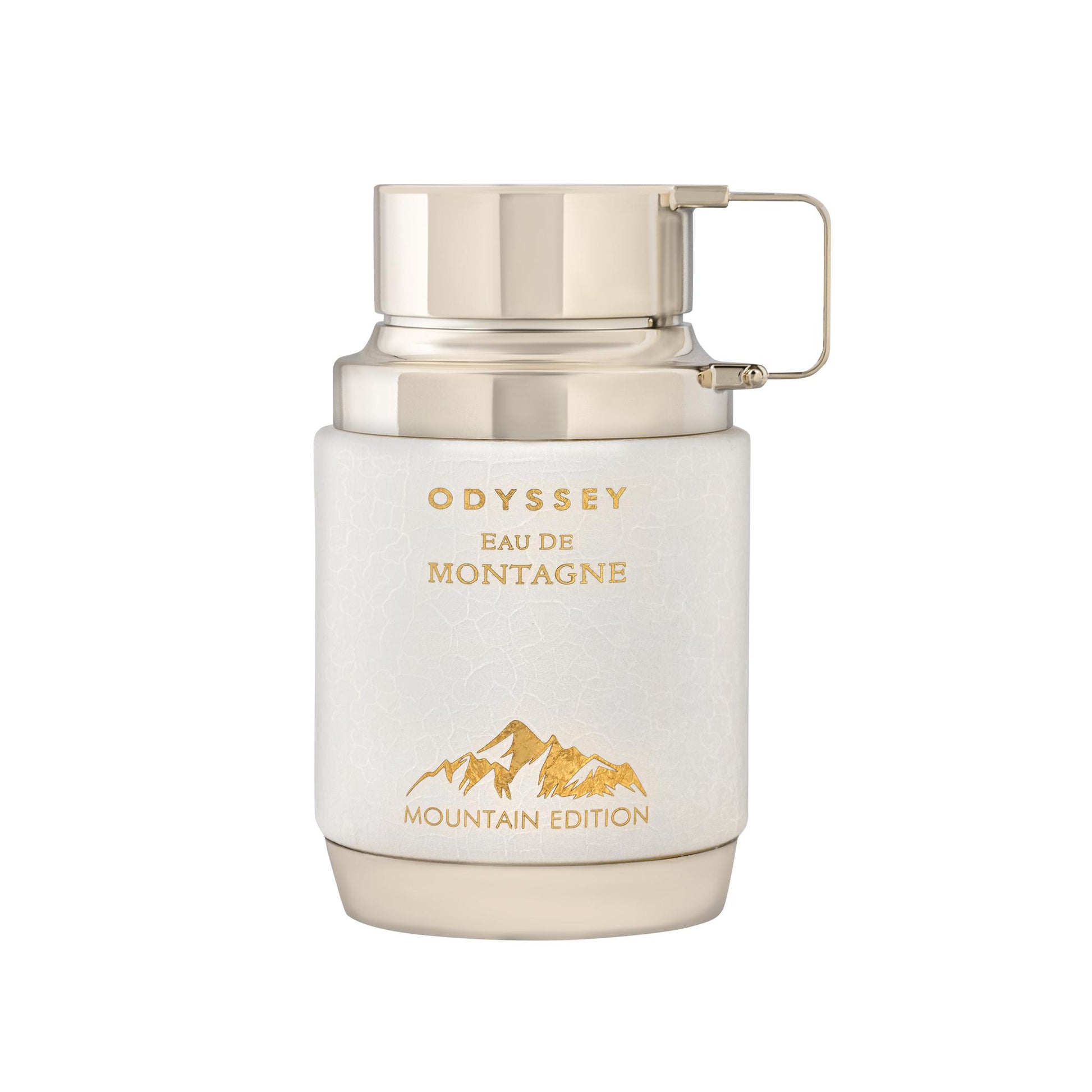 Perfume bottle labeled 'Odyssey Eau de Montagne' with mountain design on a white background