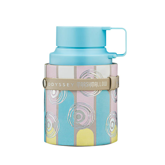 Light blue thermos with a patterned sleeve on a white background