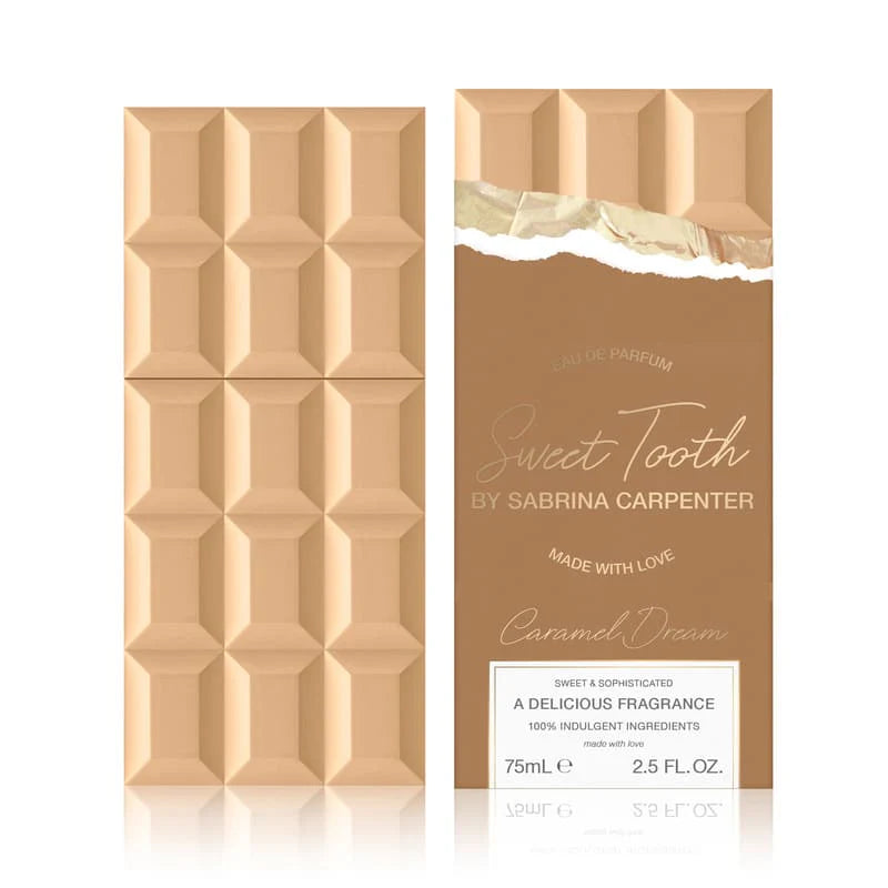 Chocolate bar-shaped perfume packaging with 'Sweet Tooth by Sabrina Carpenter' branding.