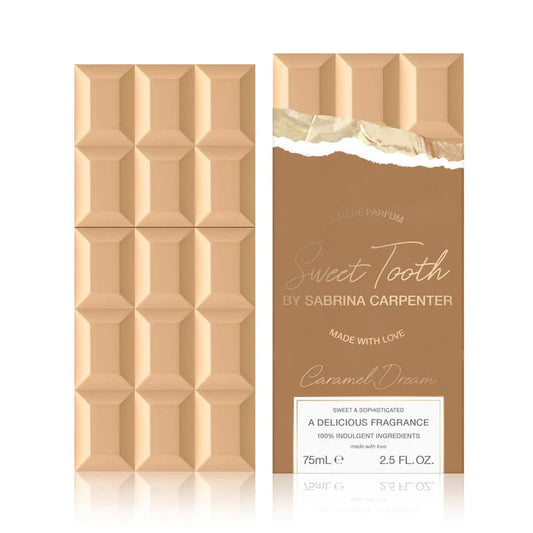 Chocolate bar-shaped perfume packaging with 'Sweet Tooth by Sabrina Carpenter' branding.